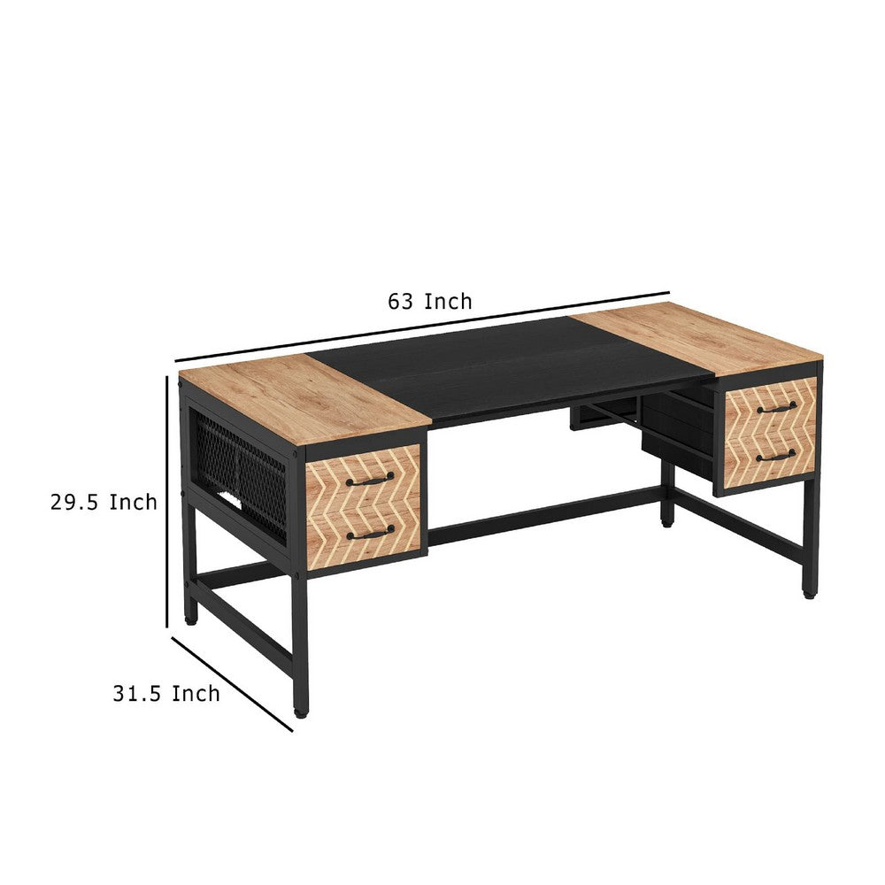 Executive Desk, 4 Chevron Drawers & Mesh Panels, 63 Inch Black Brown -BM336906