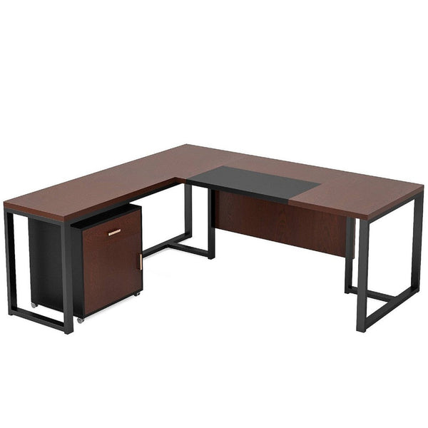 L Shaped Executive Desk w Mobile File Cabinet, 71 Inch Brown Black -BM336907