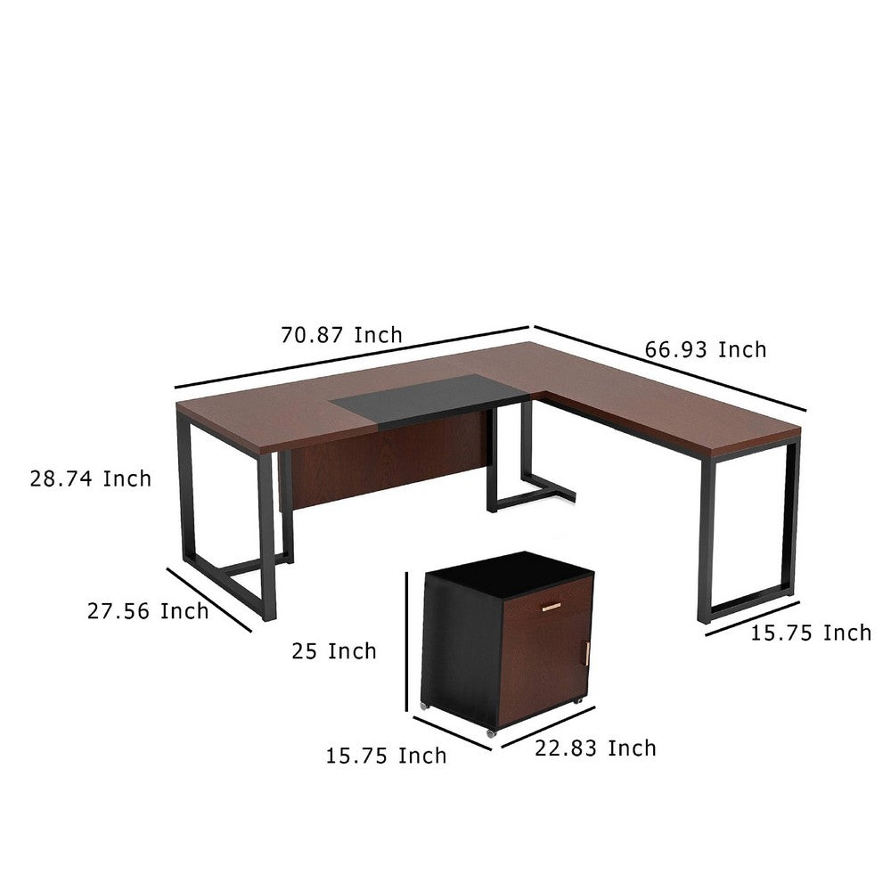 L Shaped Executive Desk w Mobile File Cabinet, 71 Inch Brown Black -BM336907