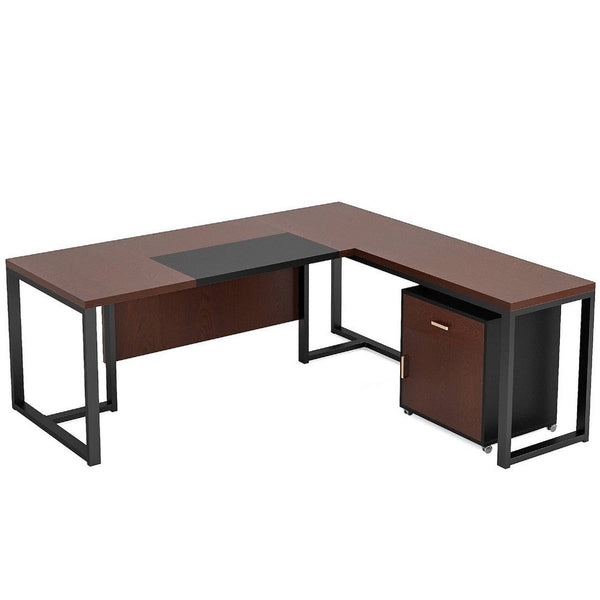 L Shaped Executive Desk w Mobile File Cabinet, 71 Inch Brown Black -BM336907