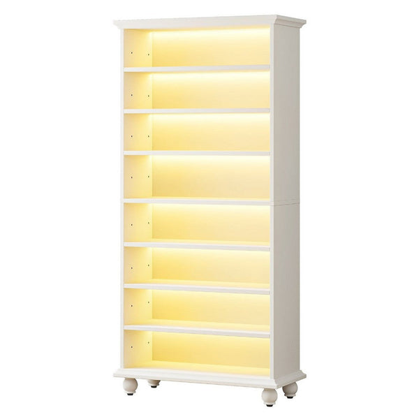 Modern Shoe Cabinet w LED Lights, Bun Feet, 9 Tier White Wood, 69 Inch -BM336908