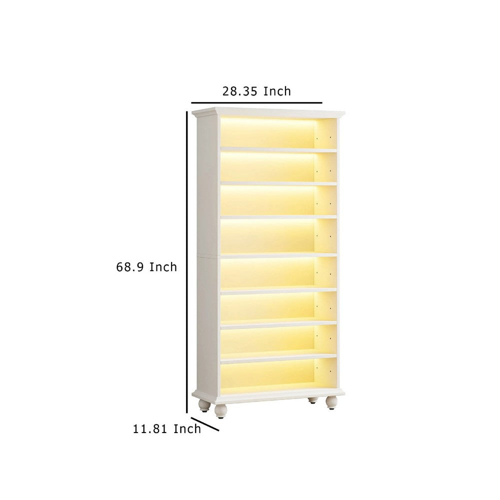 Modern Shoe Cabinet w LED Lights, Bun Feet, 9 Tier White Wood, 69 Inch -BM336908