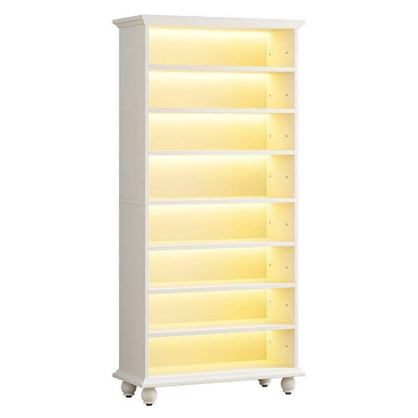 Modern Shoe Cabinet w LED Lights, Bun Feet, 9 Tier White Wood, 69 Inch -BM336908