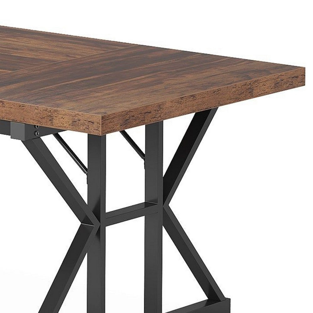 Farmhouse Dining Table, 71 Inch Brown Wood Top, Black Metal Base -BM336911