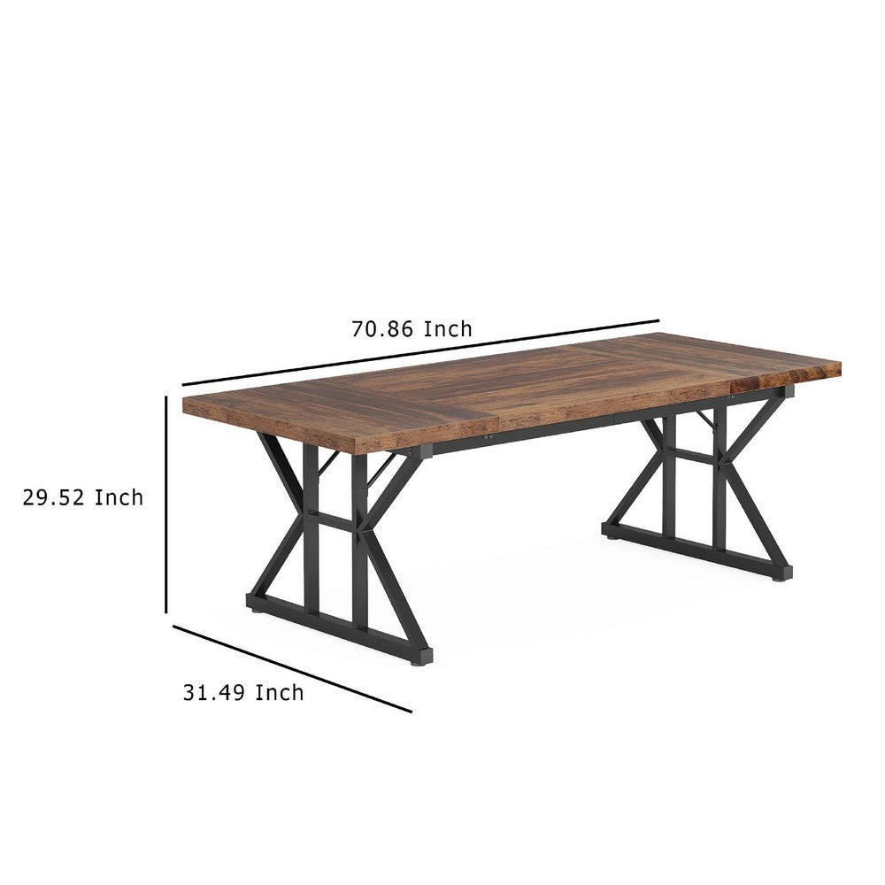 Farmhouse Dining Table, 71 Inch Brown Wood Top, Black Metal Base -BM336911