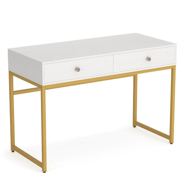 Modern Computer Study Desk w 2 Drawers, 47 Inch White Wood, Gold Metal -BM336912