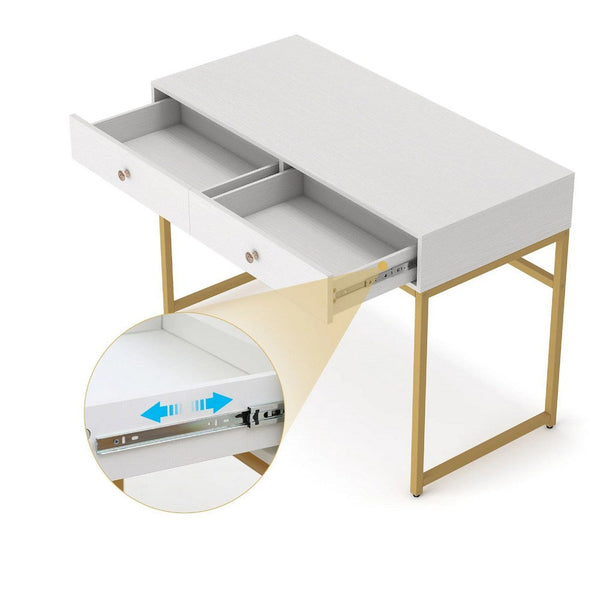 Modern Computer Study Desk w 2 Drawers, 47 Inch White Wood, Gold Metal -BM336912