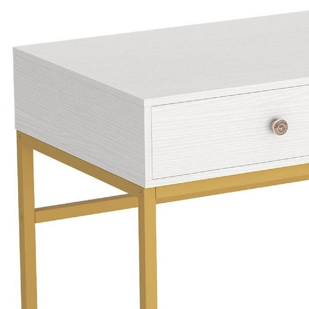 Modern Computer Study Desk w 2 Drawers, 47 Inch White Wood, Gold Metal -BM336912