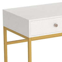Modern Computer Study Desk w 2 Drawers, 47 Inch White Wood, Gold Metal -BM336912