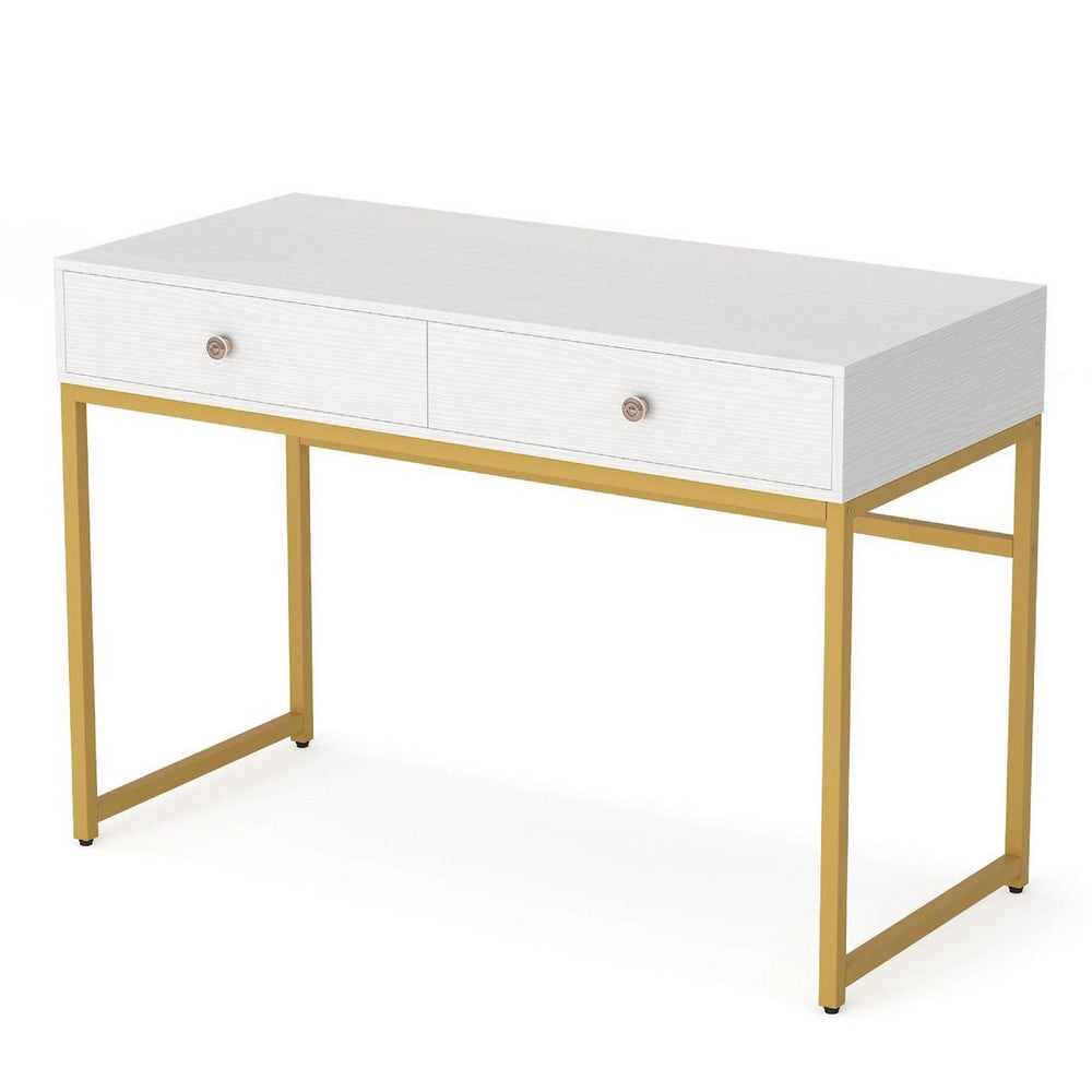 Modern Computer Study Desk w 2 Drawers, 47 Inch White Wood, Gold Metal -BM336912