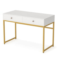 Modern Computer Study Desk w 2 Drawers, 47 Inch White Wood, Gold Metal -BM336912