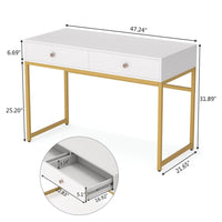 Modern Computer Study Desk w 2 Drawers, 47 Inch White Wood, Gold Metal -BM336912