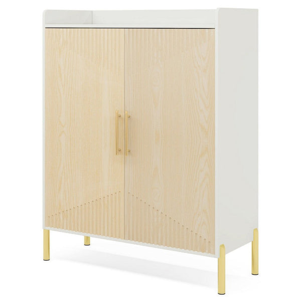 Modern Foyer Shoe Cabinet, 6 Tier Design w 2 Doors, White Brown Wood -BM336913