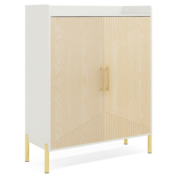 Modern Foyer Shoe Cabinet, 6 Tier Design w 2 Doors, White Brown Wood -BM336913