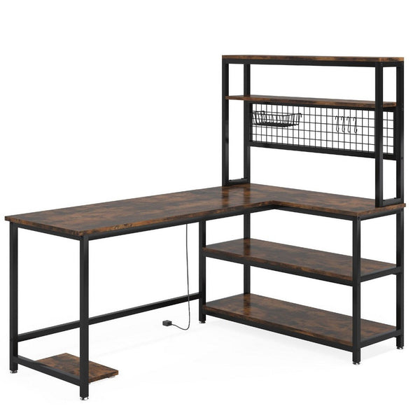 Reversible L Shaped Desk w Charging and Display Shelf, 55 Inch Brown -BM336916
