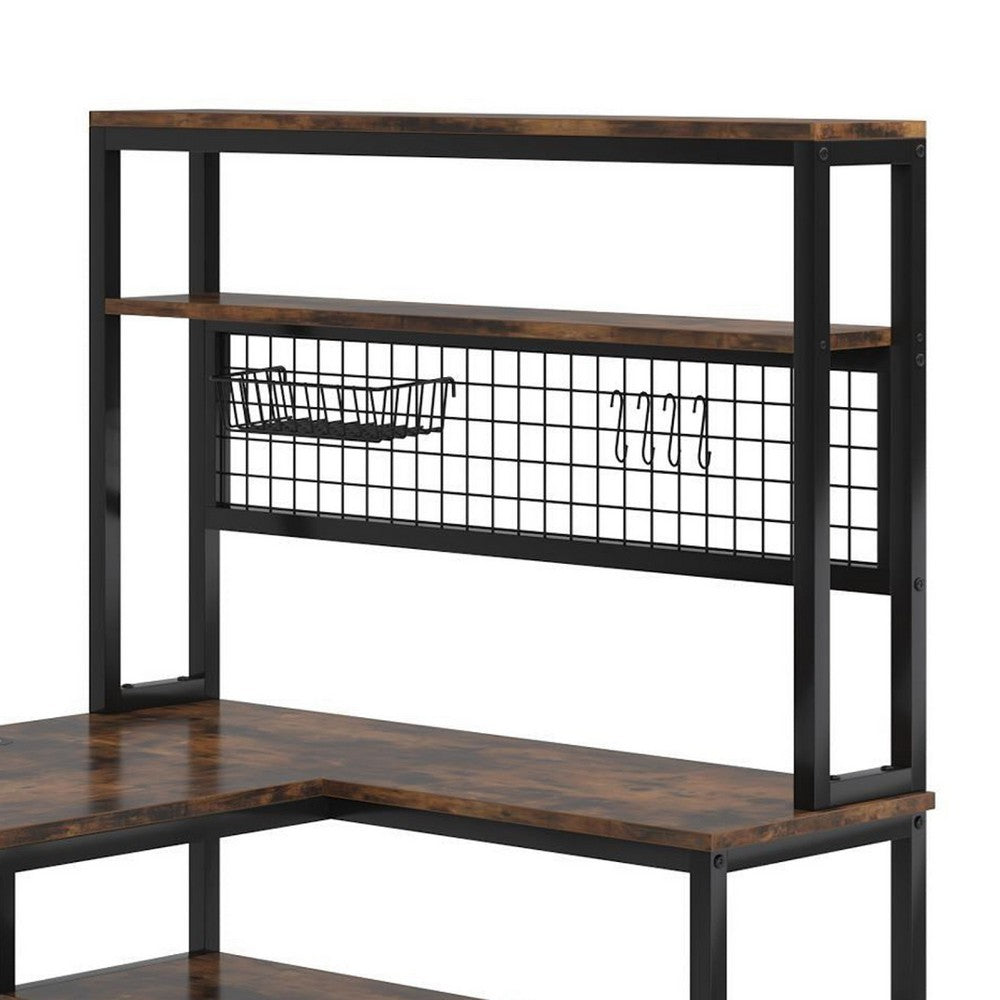 Reversible L Shaped Desk w Charging and Display Shelf, 55 Inch Brown -BM336916