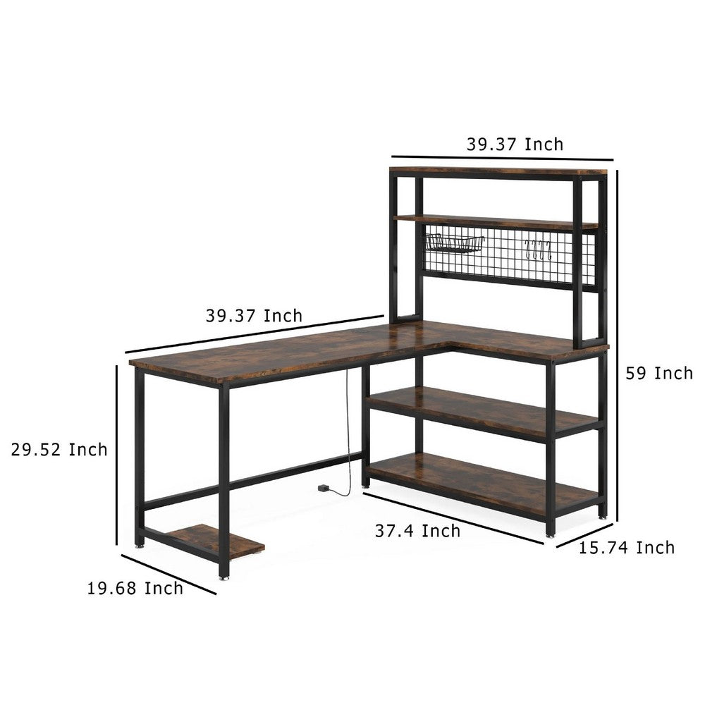 Reversible L Shaped Desk w Charging and Display Shelf, 55 Inch Brown -BM336916