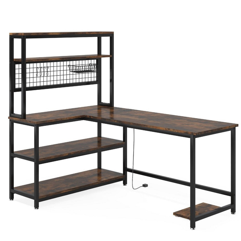 Reversible L Shaped Desk w Charging and Display Shelf, 55 Inch Brown -BM336916