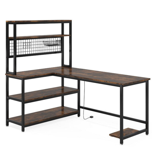 Reversible L Shaped Desk w Charging and Display Shelf, 55 Inch Brown -BM336916