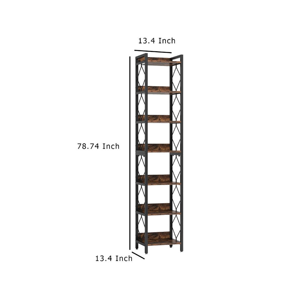 Corner Bookcase, 7 Tier Rustic Brown Wood Shelves, 79 Inch Black Metal -BM336917