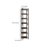 Corner Bookcase, 7 Tier Rustic Brown Wood Shelves, 79 Inch Black Metal -BM336917