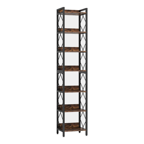 Corner Bookcase, 7 Tier Rustic Brown Wood Shelves, 79 Inch Black Metal -BM336917