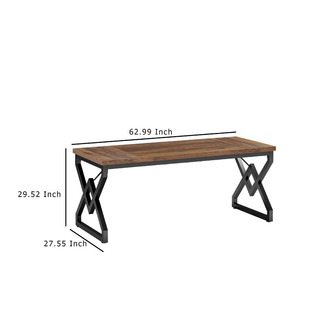 Executive Desk, 63 Inch Rustic Wood Top, X Design Black Metal Frame -BM336920