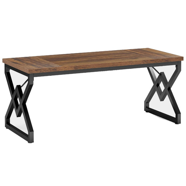 Executive Desk, 63 Inch Rustic Wood Top, X Design Black Metal Frame -BM336920