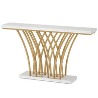 Sofa Console Table, 59 Inch White Faux Marble, Sculptural Gold Base -BM336921
