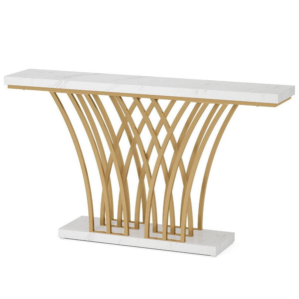 Sofa Console Table, 59 Inch White Faux Marble, Sculptural Gold Base -BM336921