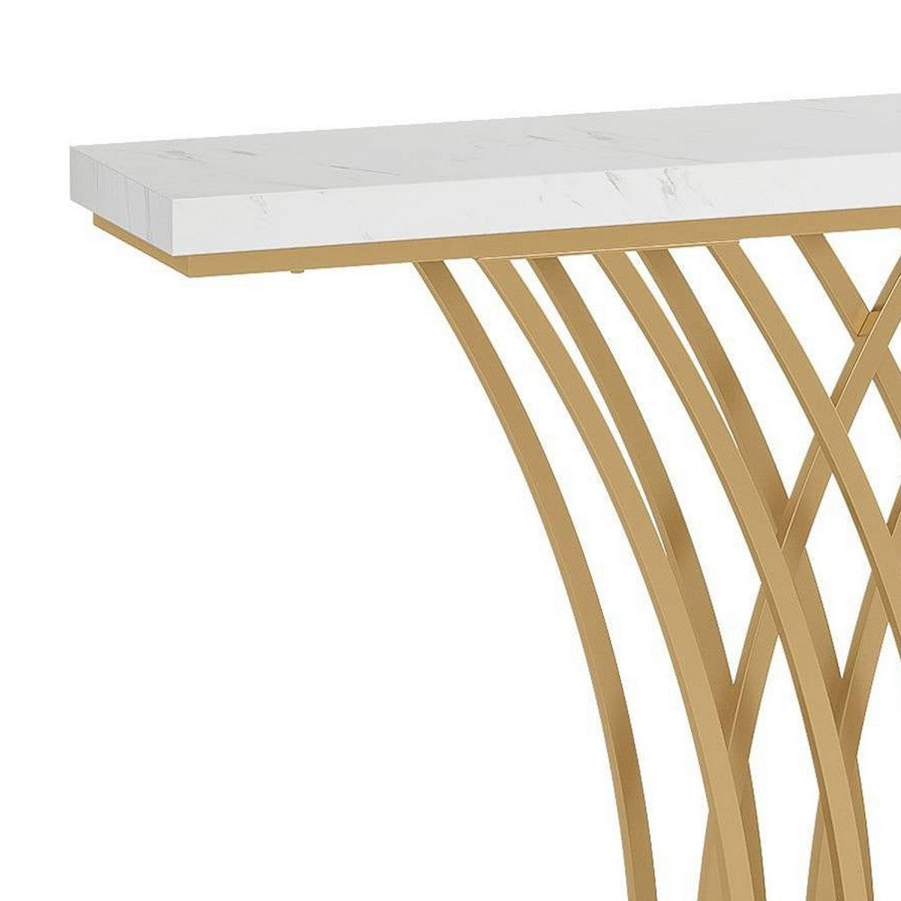 Sofa Console Table, 59 Inch White Faux Marble, Sculptural Gold Base -BM336921