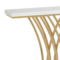 Sofa Console Table, 59 Inch White Faux Marble, Sculptural Gold Base -BM336921