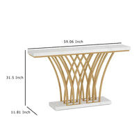 Sofa Console Table, 59 Inch White Faux Marble, Sculptural Gold Base -BM336921