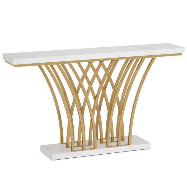 Sofa Console Table, 59 Inch White Faux Marble, Sculptural Gold Base -BM336921