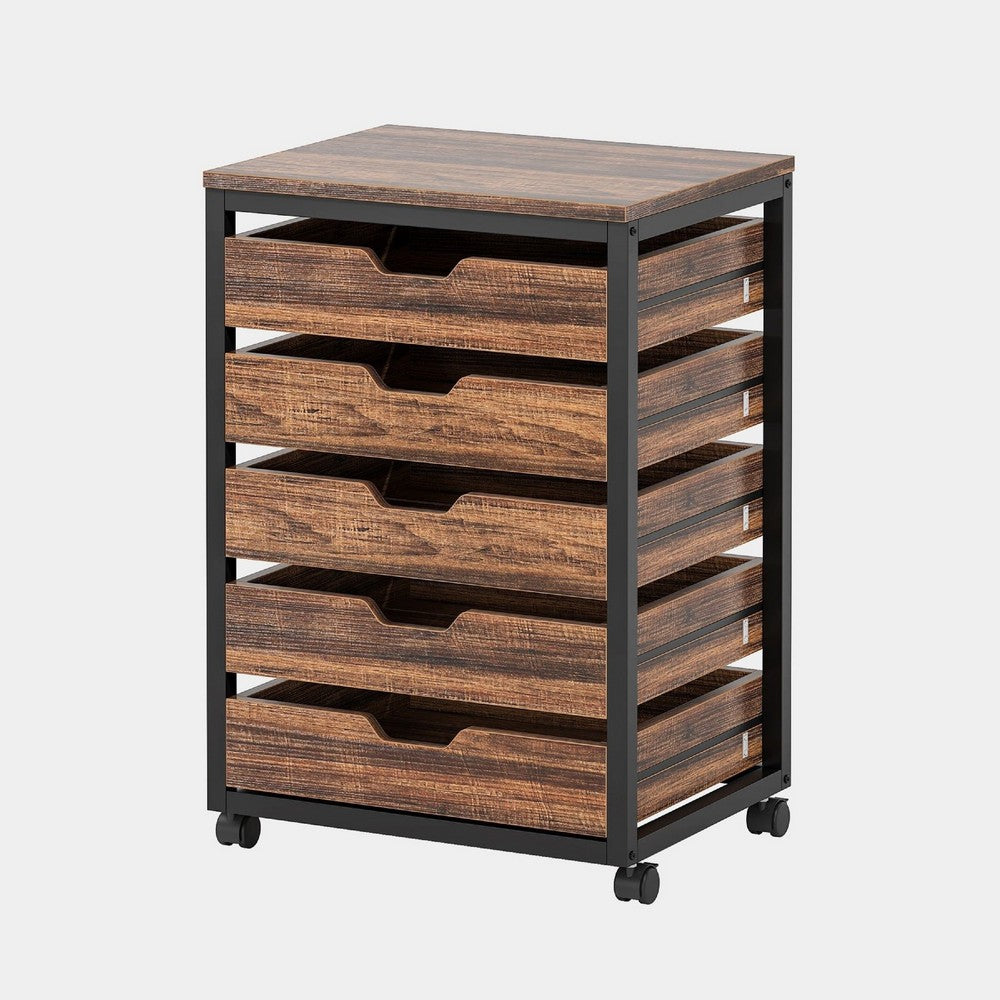 Mobile Office Cabinet, 5 Drawers w Cutout Handles, Rustic Brown Black -BM336922