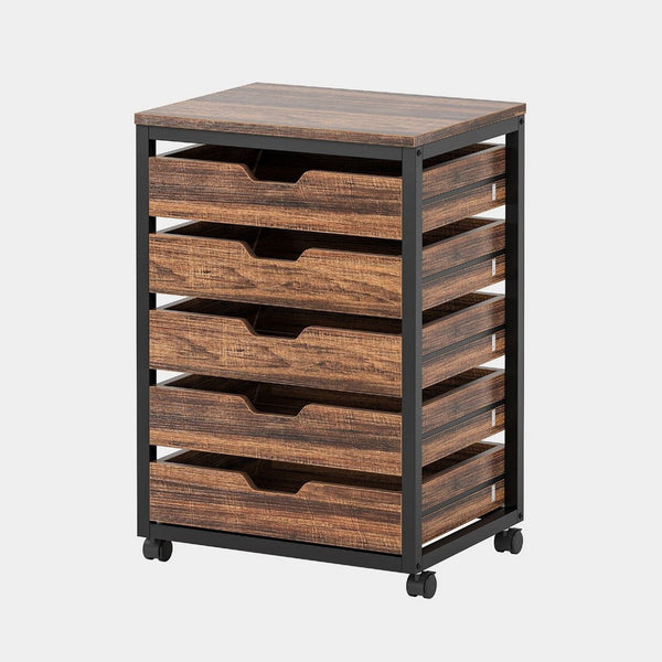 Mobile Office Cabinet, 5 Drawers w Cutout Handles, Rustic Brown Black -BM336922