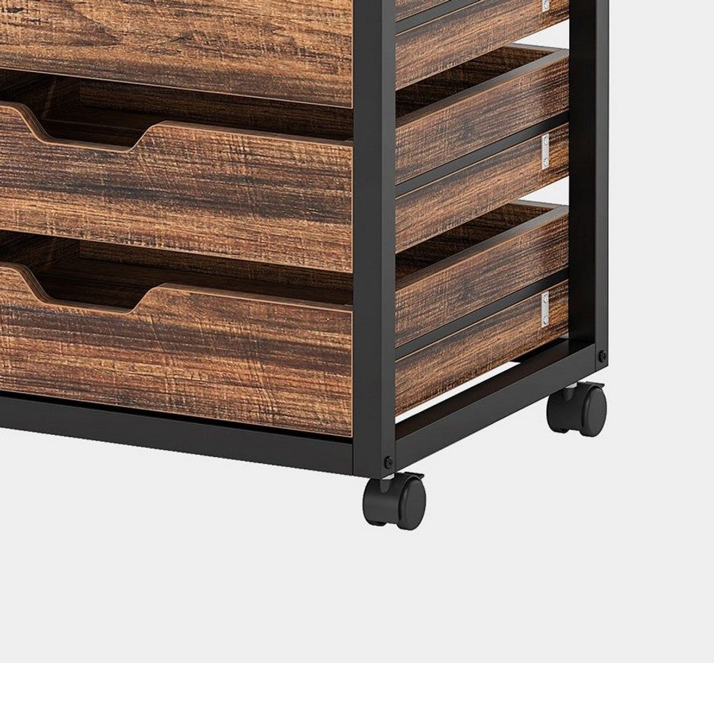 Mobile Office Cabinet, 5 Drawers w Cutout Handles, Rustic Brown Black -BM336922
