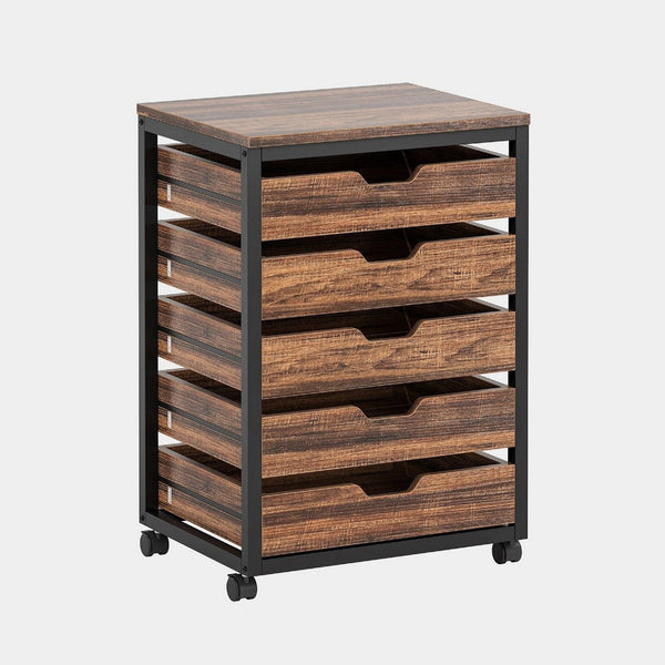 Mobile Office Cabinet, 5 Drawers w Cutout Handles, Rustic Brown Black -BM336922