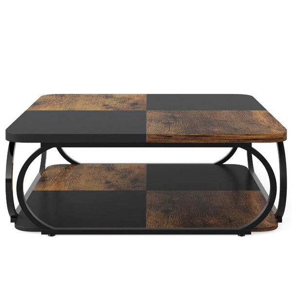 Coffee Table w Lower Shelf, Black n Rustic Brown Patchwork, 39 Inch -BM336924