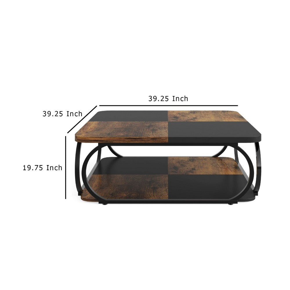 Coffee Table w Lower Shelf, Black n Rustic Brown Patchwork, 39 Inch -BM336924