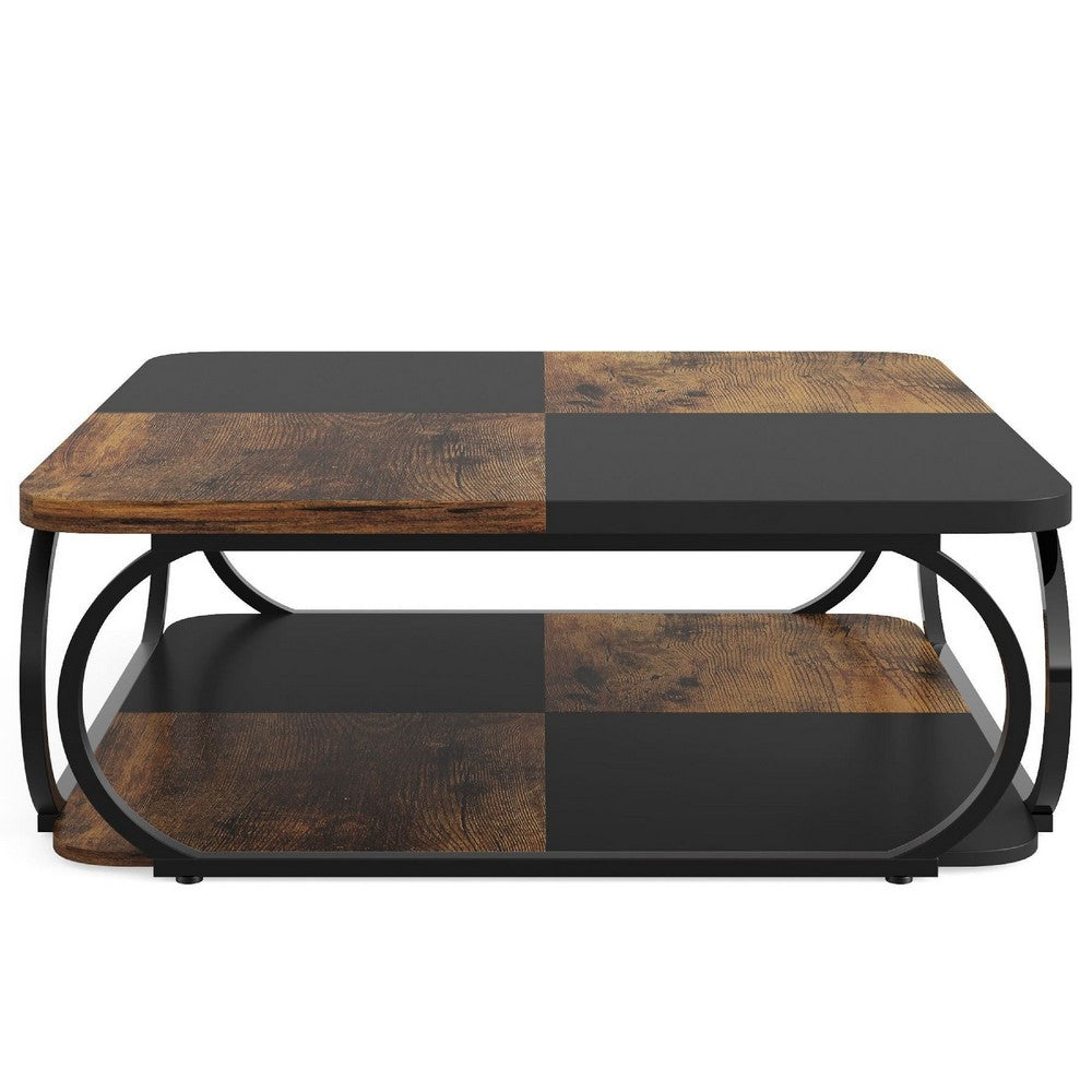 Coffee Table w Lower Shelf, Black n Rustic Brown Patchwork, 39 Inch -BM336924