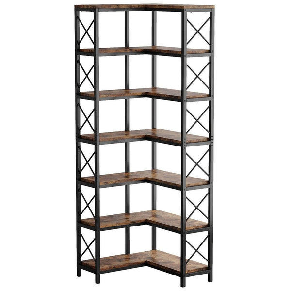 Corner Bookcase, 7 Tier w 14 Open Shelves, 79 Inch Industrial Black -BM336925