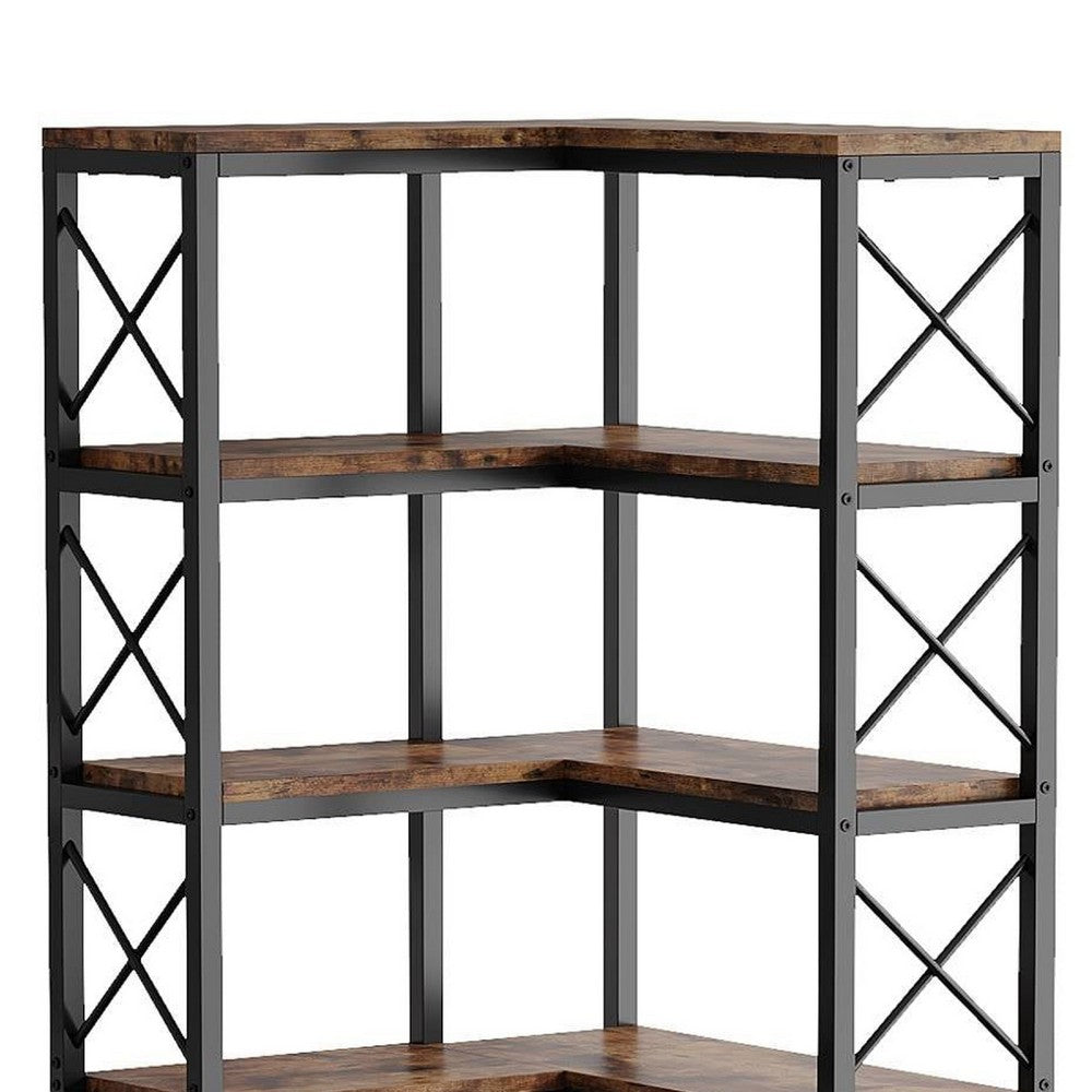 Corner Bookcase, 7 Tier w 14 Open Shelves, 79 Inch Industrial Black -BM336925