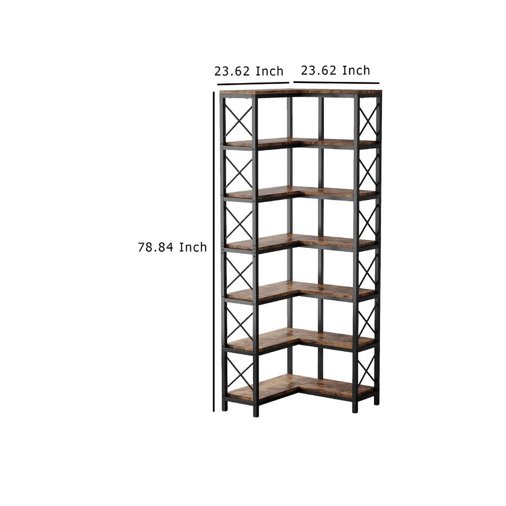 Corner Bookcase, 7 Tier w 14 Open Shelves, 79 Inch Industrial Black -BM336925