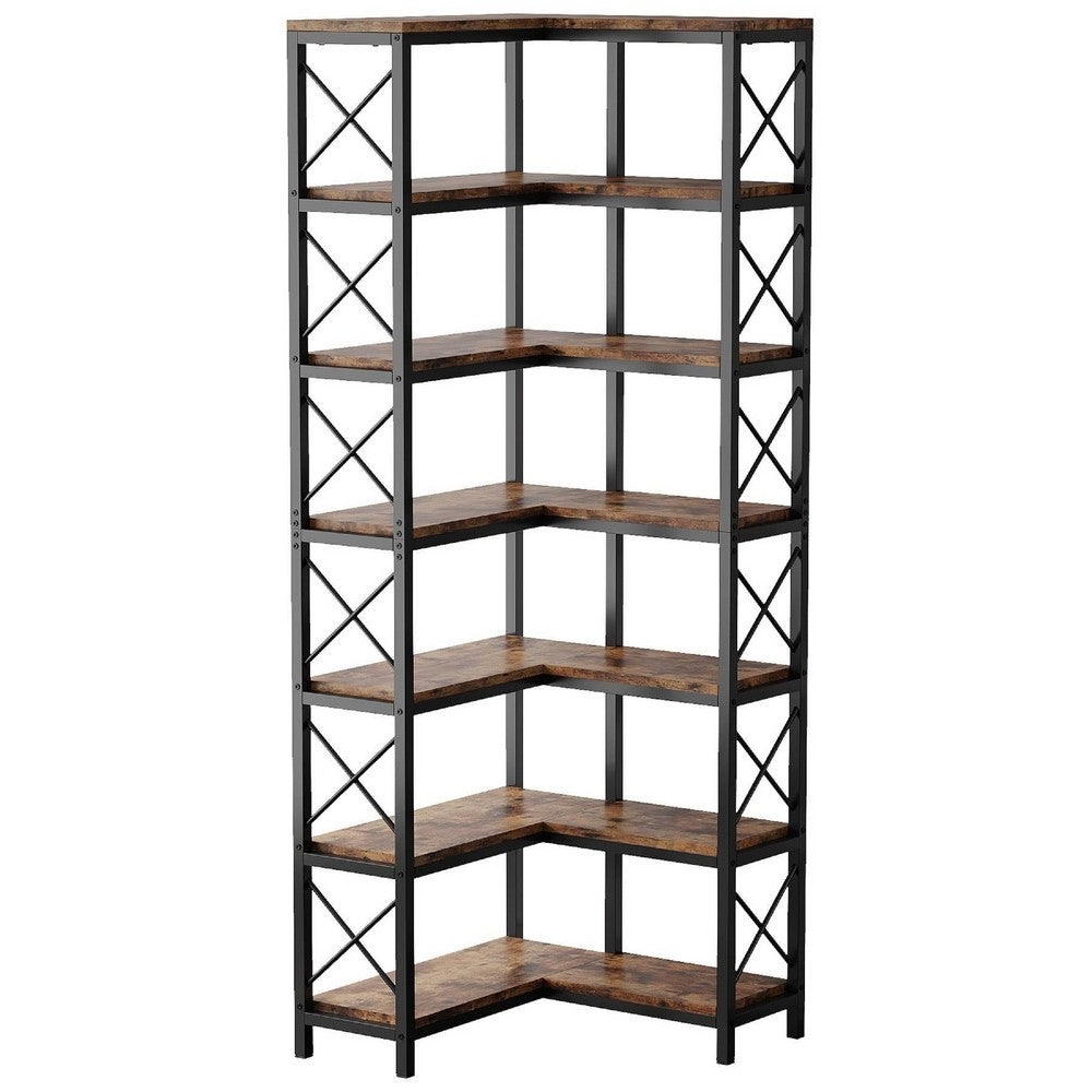 Corner Bookcase, 7 Tier w 14 Open Shelves, 79 Inch Industrial Black -BM336925