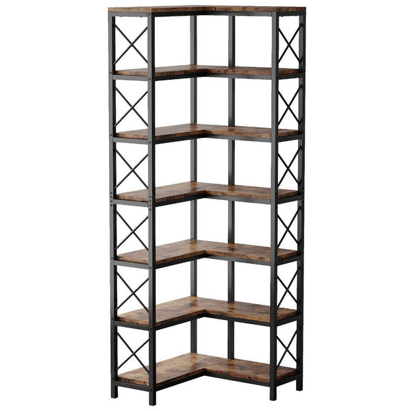 Corner Bookcase, 7 Tier w 14 Open Shelves, 79 Inch Industrial Black -BM336925