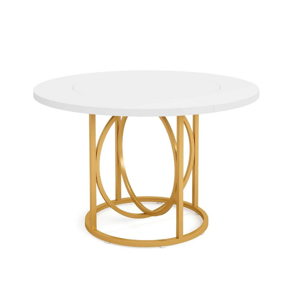 Dining Table, 47 Inch Round White Top with Geometric Gold Metal Base -BM336926