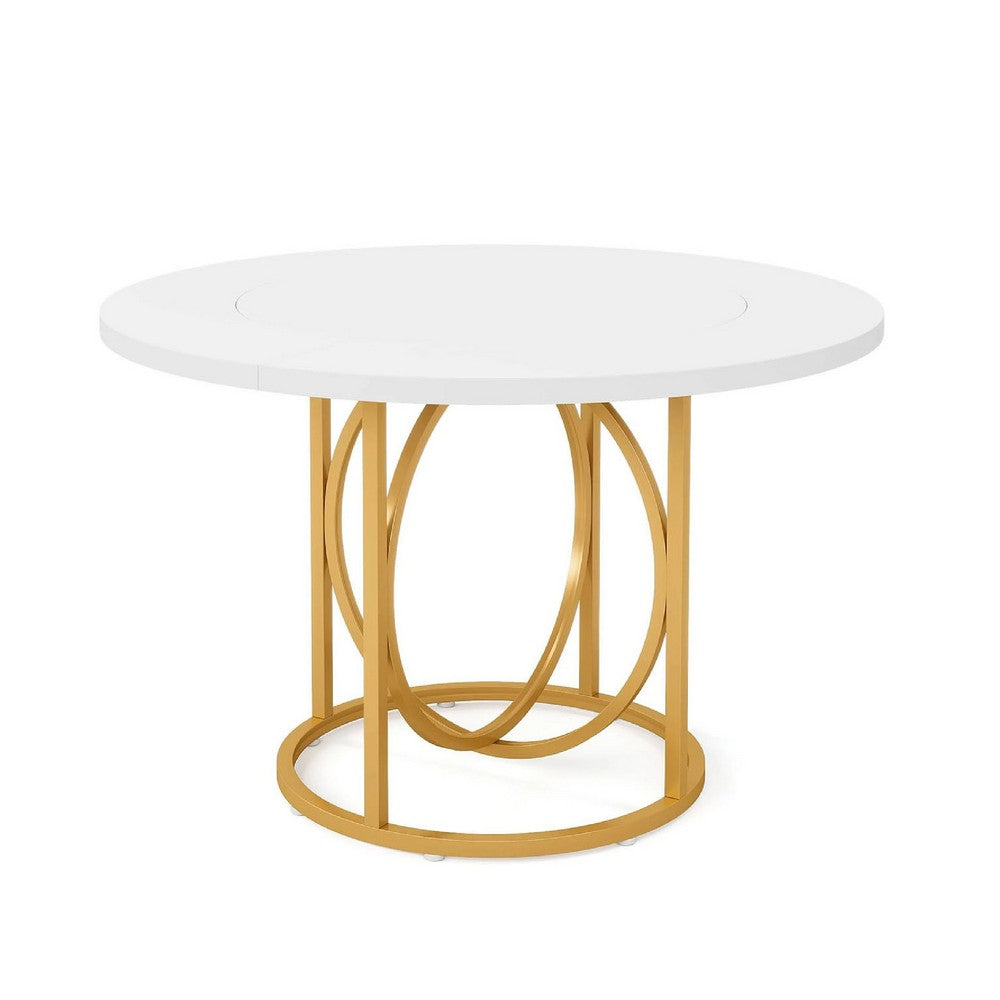 Dining Table, 47 Inch Round White Top with Geometric Gold Metal Base -BM336926