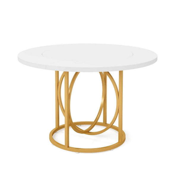 Dining Table, 47 Inch Round White Top with Geometric Gold Metal Base -BM336926