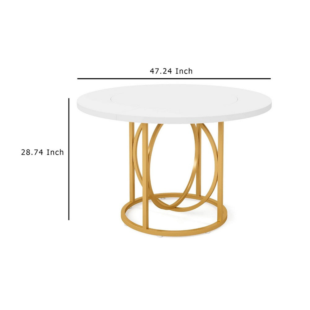 Dining Table, 47 Inch Round White Top with Geometric Gold Metal Base -BM336926